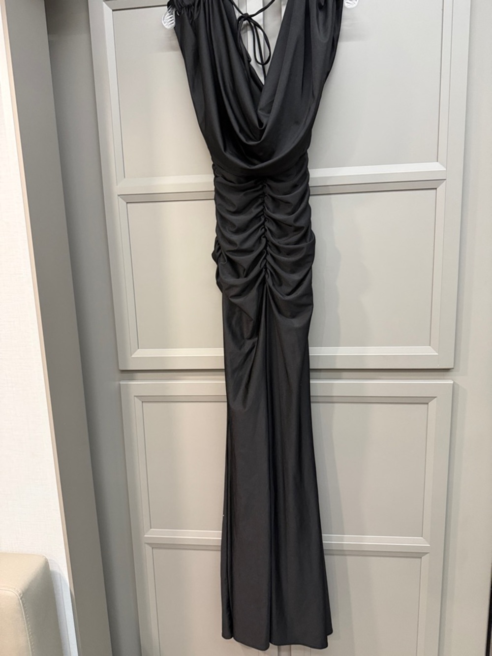 Black Ruched Cowl Neck Evening Gown